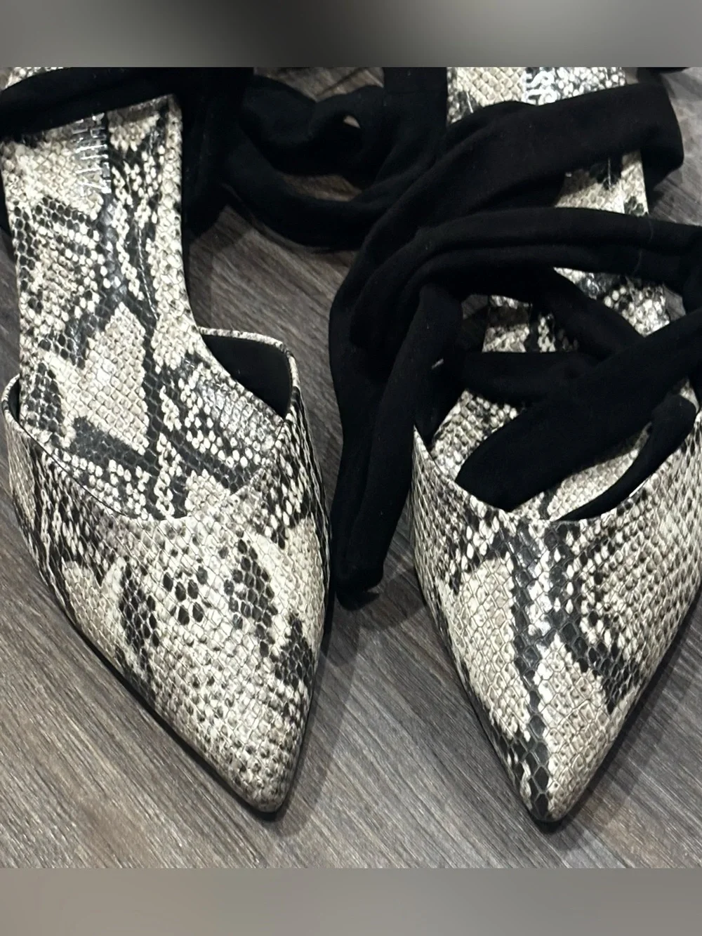 NIB Schutz Barbrah Snake Print Tie Ankle Ballet Flats Black Gray 9.5 Balletcore